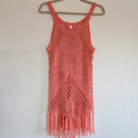 Linen Wool Blend Coral Crochet Fringe Tank Tunic Swim Cover Boho Festival Resort - Picture 2 of 10